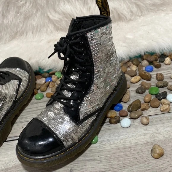 Dr. Martens Pooch Silver Sequins Combat Boots Side Zip - Picture 7 of 9